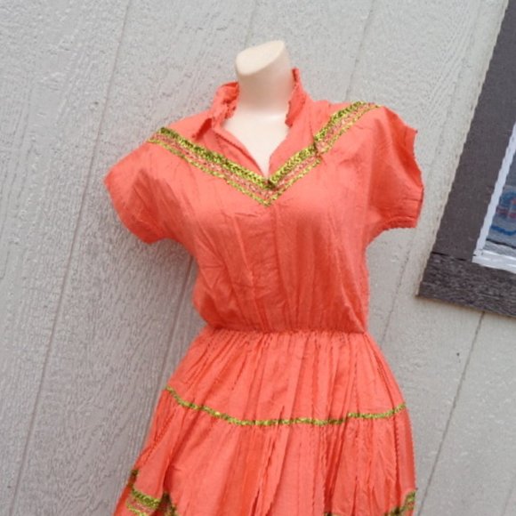NOS Vintage Orange Rockabilly Cotton 1960’s Swing Dance Dress USA Made sz 12